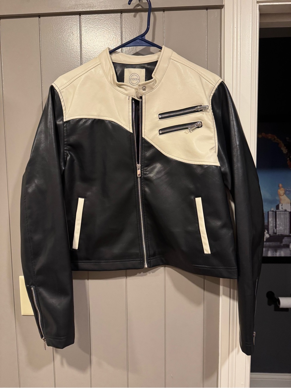 Stoosh Black and Cream Two-Tone Leather Biker Jacket